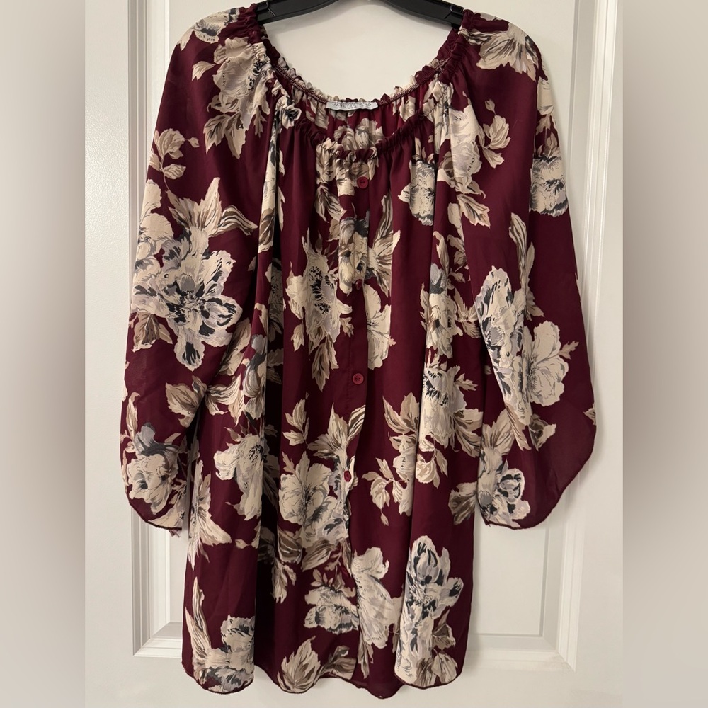 Janette USA Burgundy Red with Floral Button Down Chiffon Blouse Smocked Neckline